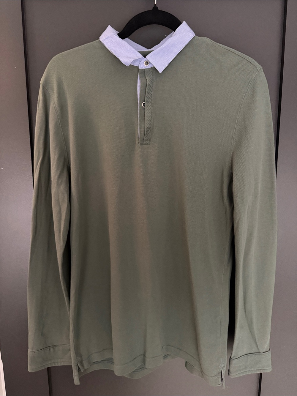 Massimo Dutti Olive Green Long-Sleeve Polo with Light Collar